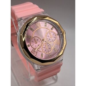 Women's‎ Quartz Watch Pink Silicone Band Rose Gold Bezel Clear Case- New Battery